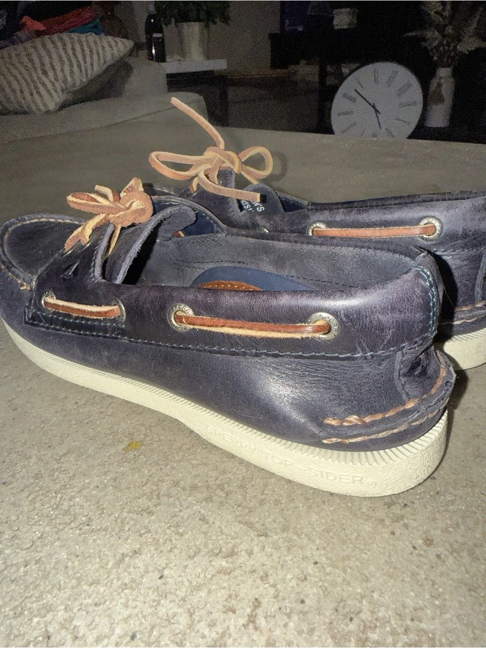 Sperry Men's Dark Navy Leather Boat Shoes with Tan Laces